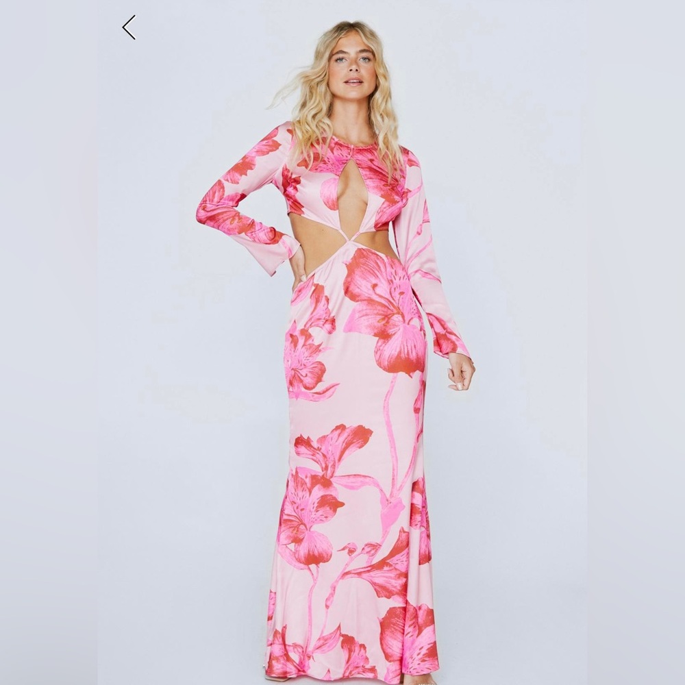 Satin Floral Print Cut-out Midi Dress